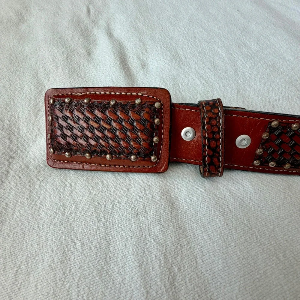 Western Brown Leather Basketweave‎ Studded Belt Horsehair Inlay Made in Mexico